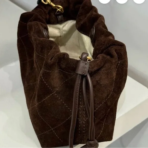 Tory Burch Dark Brown Quilted Suede Drawstring Shoulder Bag - Picture 3 of 5